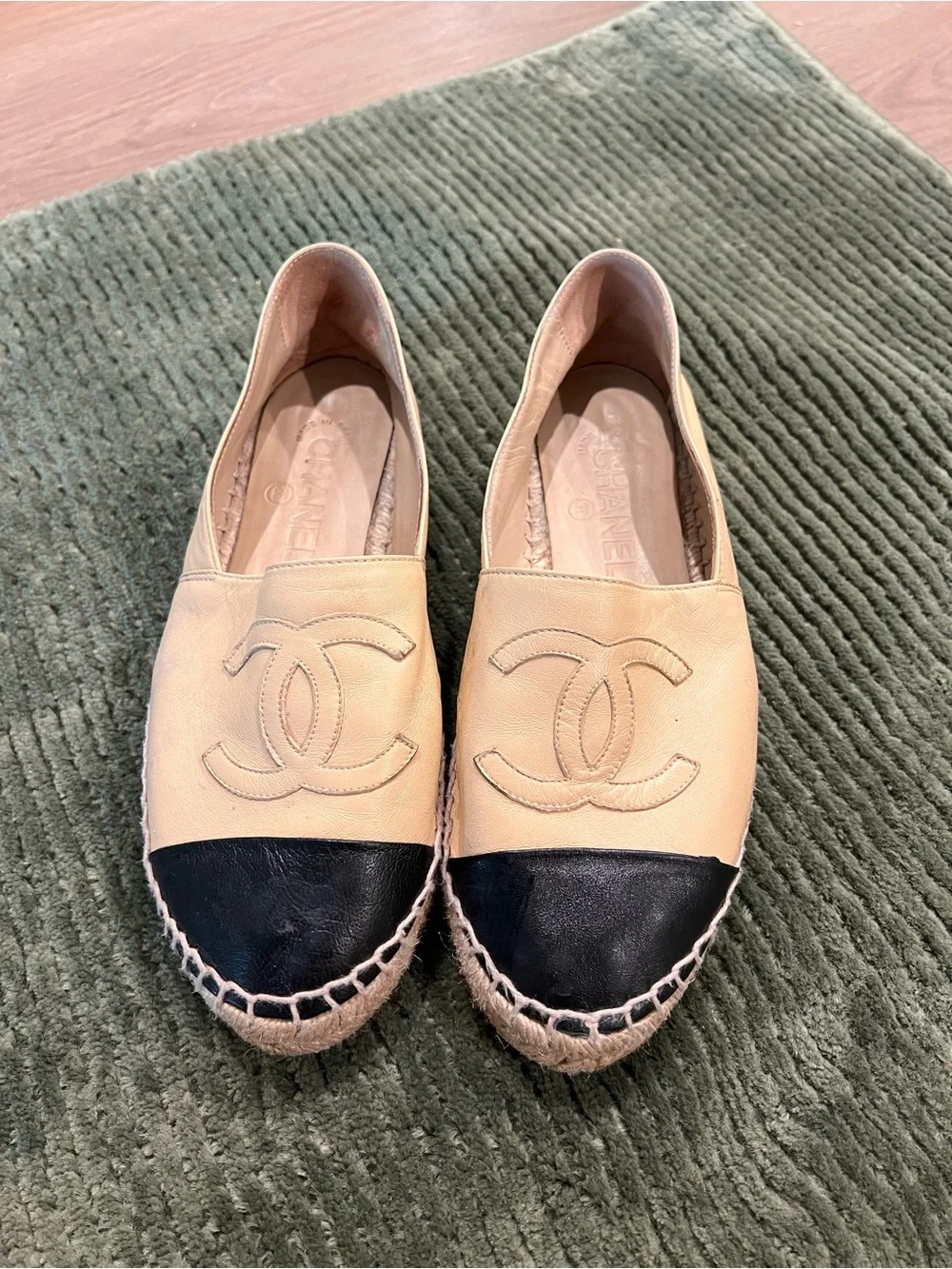 Chanel Two-Tone Leather Espadrilles in Beige and Black